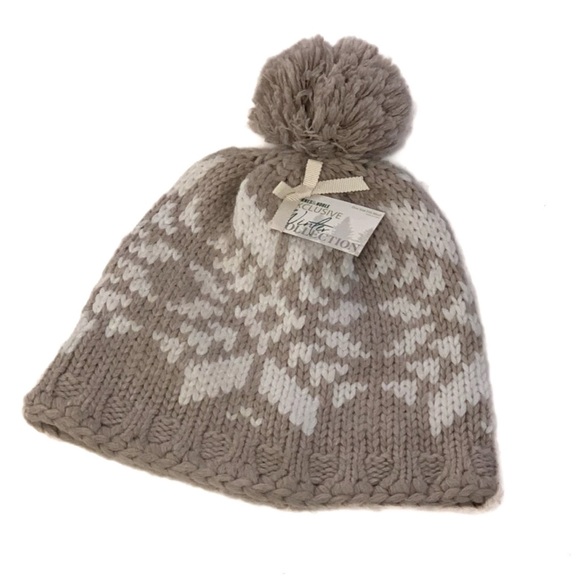 Barnes & Noble Accessories - NORDIC KNIT CAP Taupe Gray Hat Barnes Noble Stocking Pom White